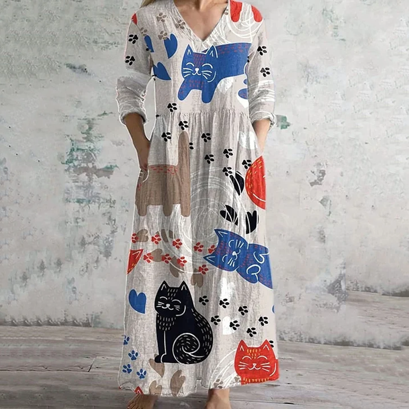 Vintage Graffiti Cat Art Pattern Women's Linen Dress artswardrobe