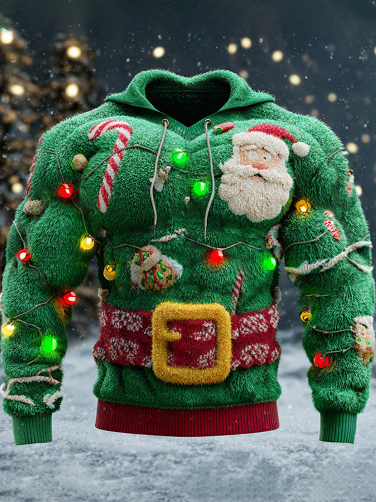 Comstylish Men's Christmas Santa Claus And Christmas Lights Warm Plush Hoodie