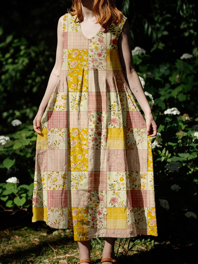 Vintage Cottagecore Floral Patchwork V Neck Linen Dress artswardrobe