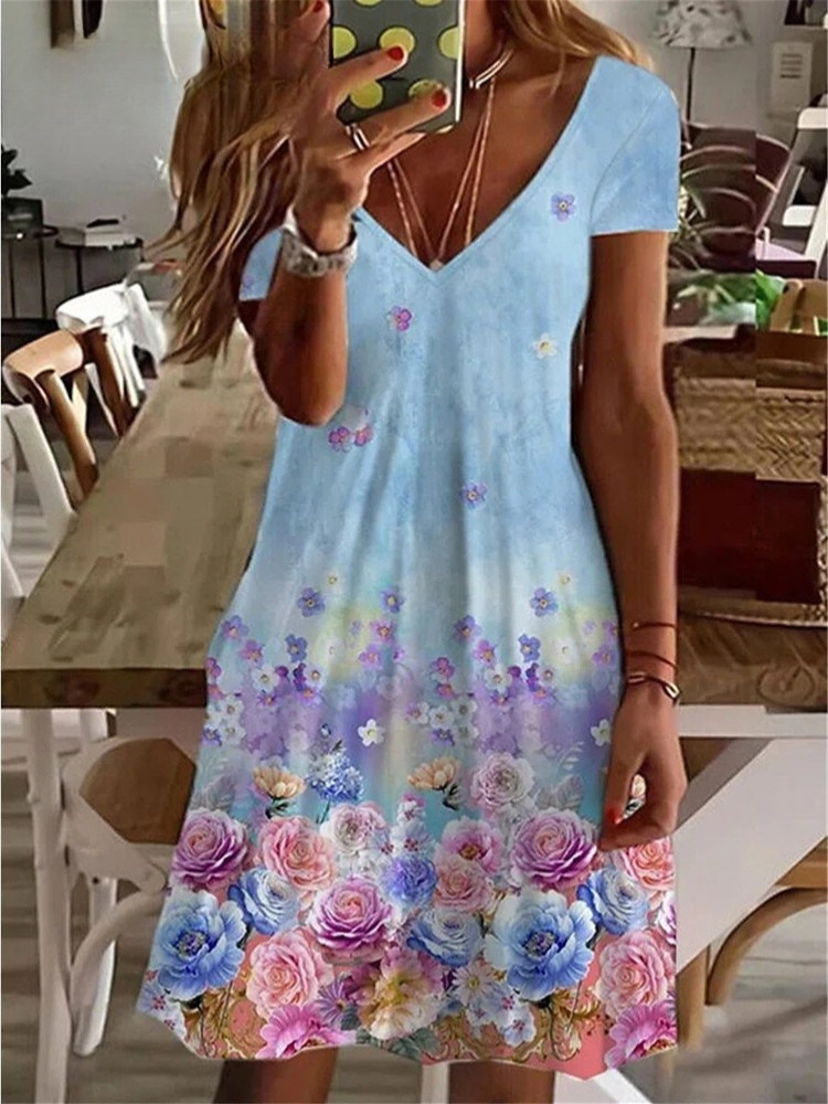 LM | Women's Sundress Midi Dress Short Sleeve Floral Print Summer Casual V Neck Loose Dresses Plus Size 2024 Women's Clothing Vestidos