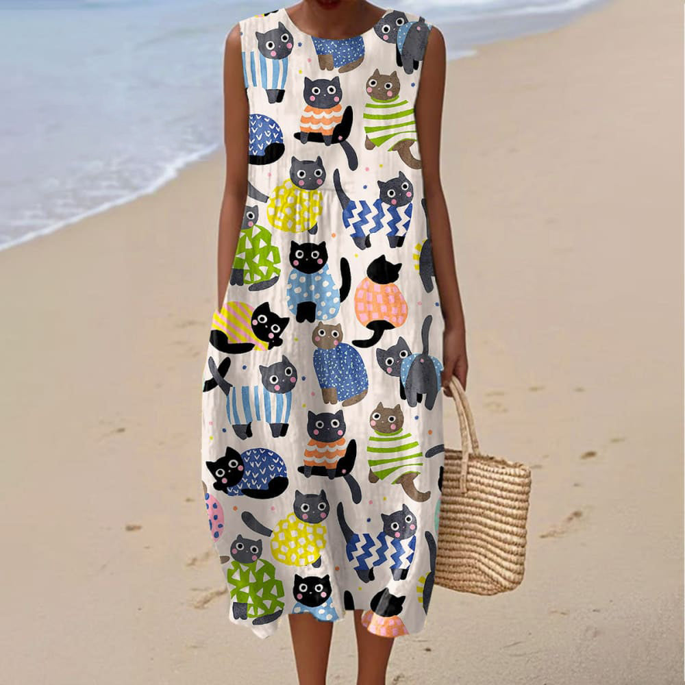 Comstylish Women's Vintage Floral Cat Art Print Sleeveless Wrap Dress