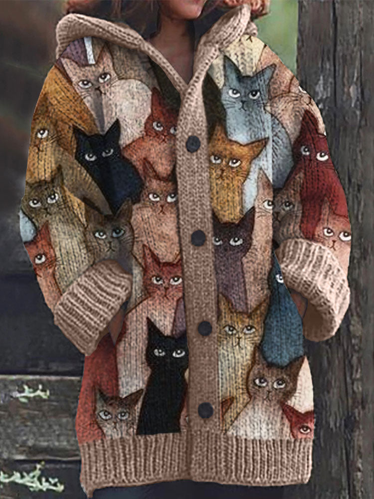 Colorful Cats Pattern Cozy Hooded Cardigan artswardrobe