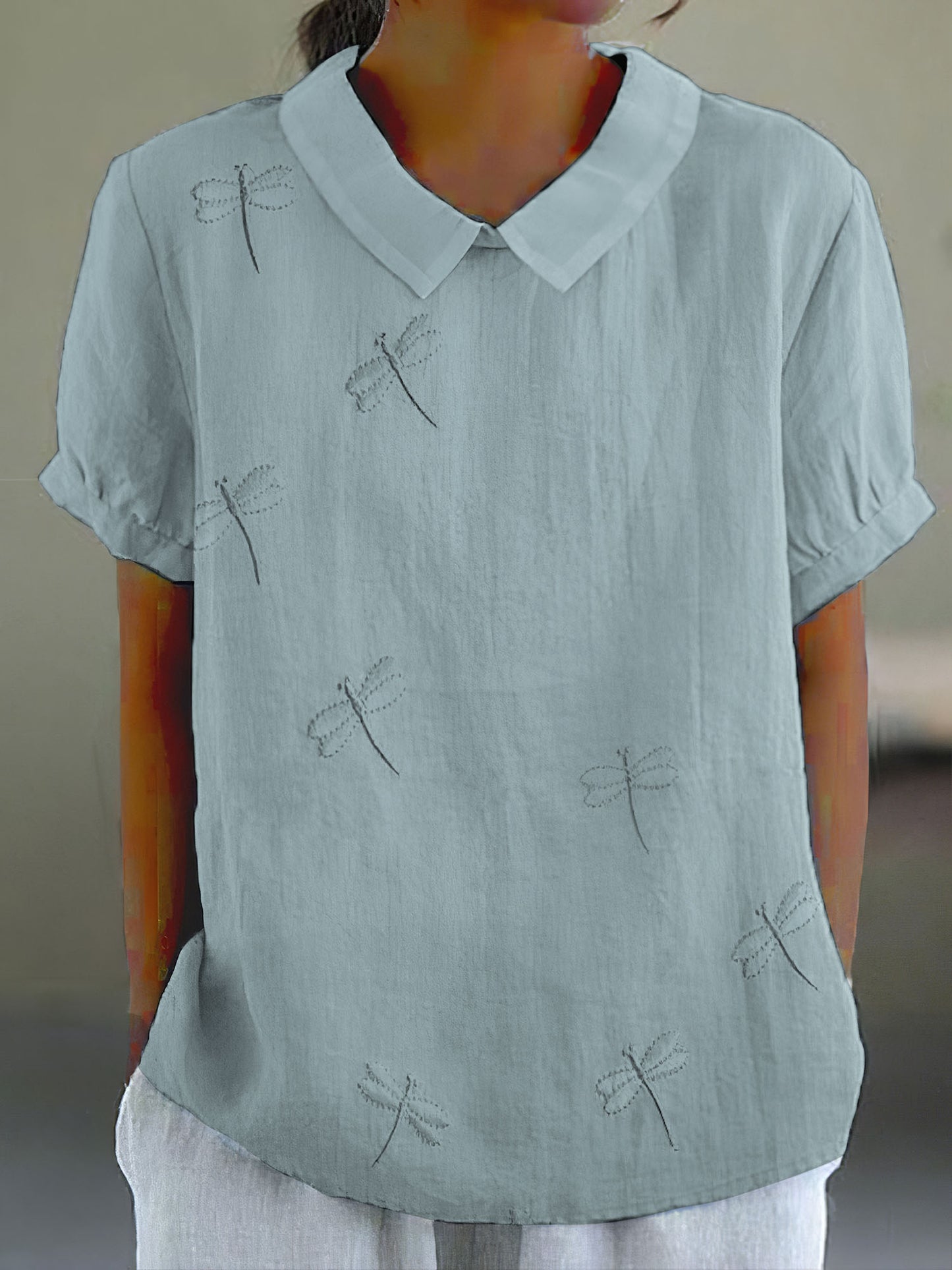 Comstylish Women's Vintage Dragonfly Embroidery Art Casual Lapel Shirt