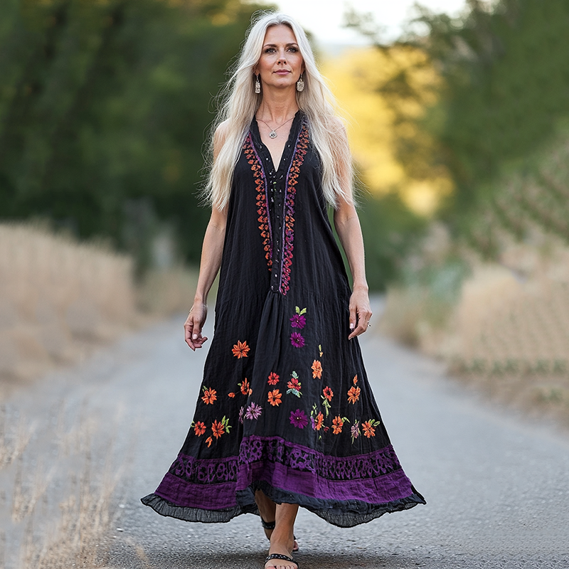 Vintage Bohemian Floral Embroidery Art Sleeveless Cozy Linen Maxi Dress artswardrobe