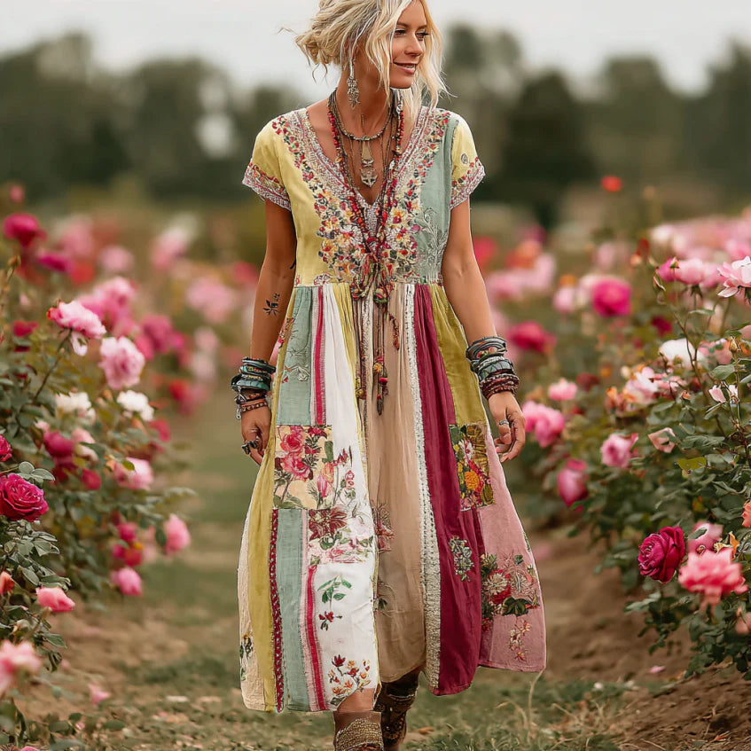 Women's Vintage Rose Floral Art Patchwork Comfy Maxi Dress artswardrobe