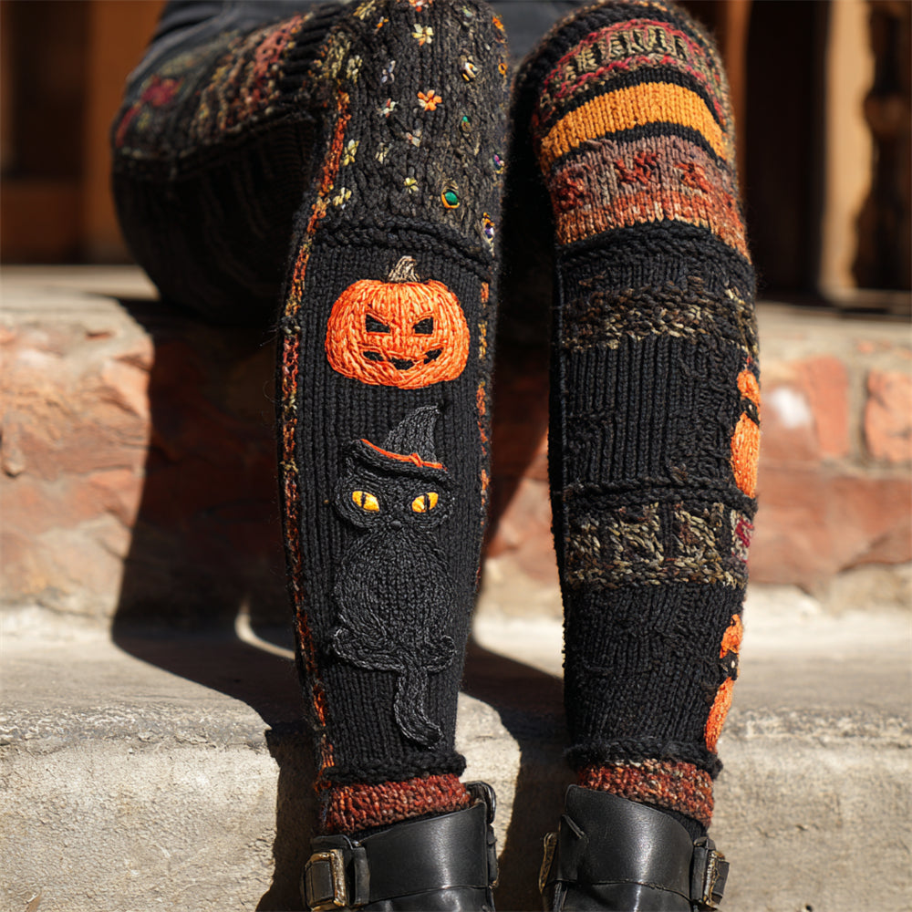 Halloween Black Cat & Pumpkin Lady Knit Leggings elevenforest
