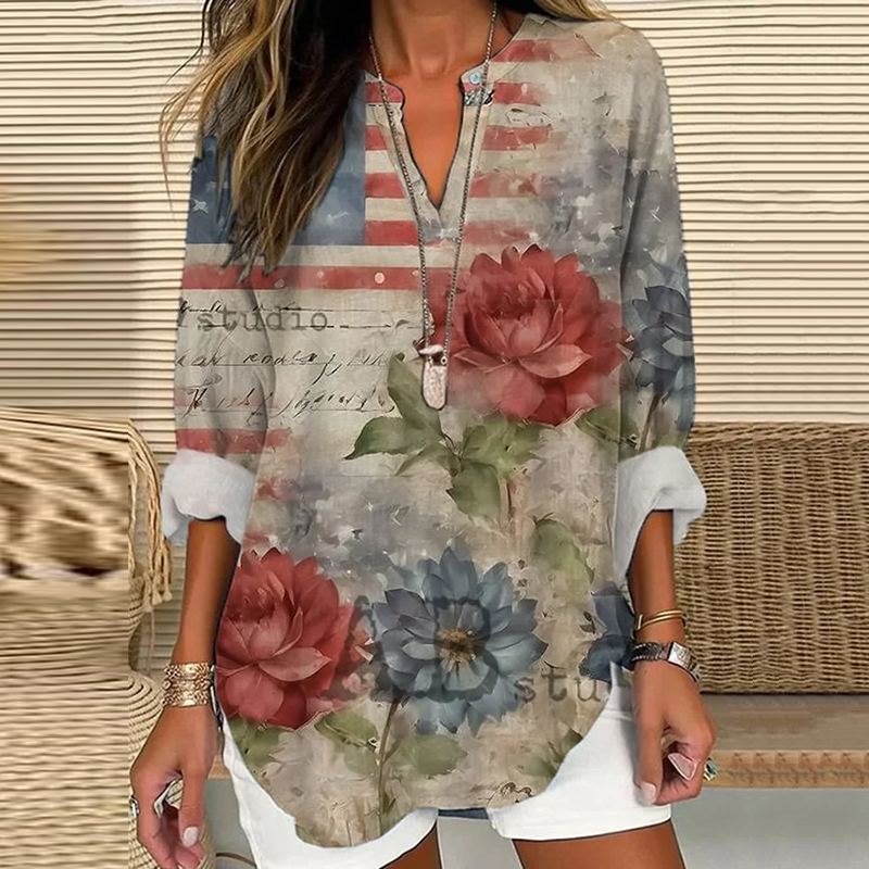 Comstylish Women's Independence Day Retro Art Floral Casual Print Casual Shirt