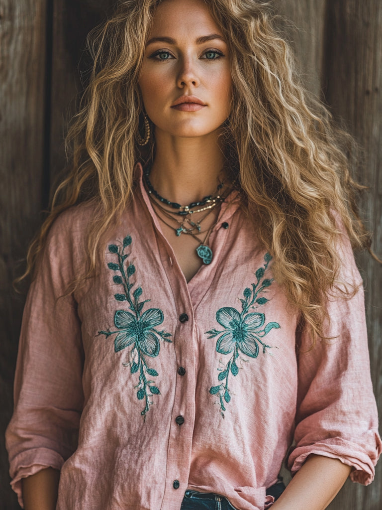 Vintage Bohemian Holiday Style Linen Floral Print Long Sleeve Shirt artswardrobe