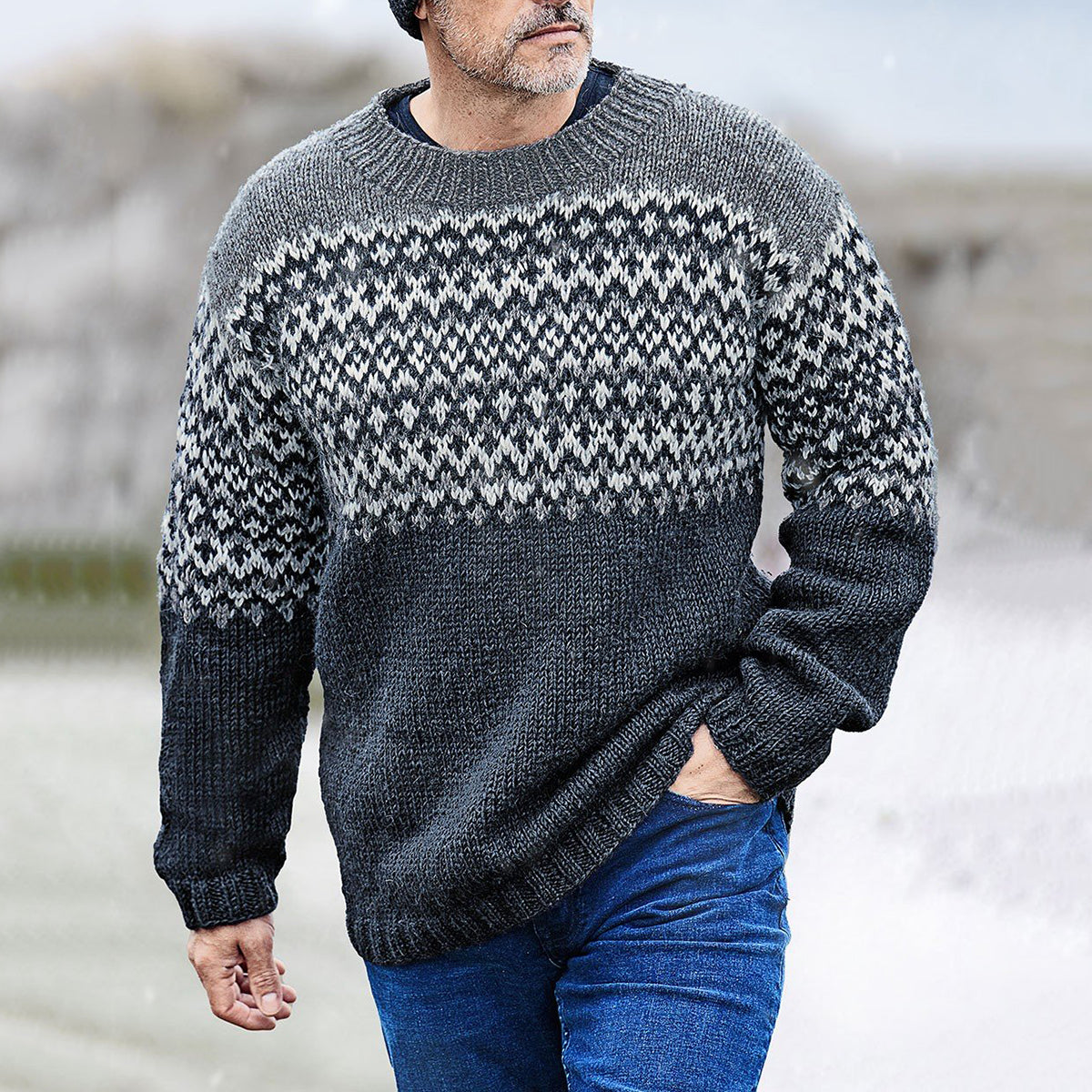 Vintage Clifden Knit Jacquard Crew Neck Sweater(Unisex) elevenforest