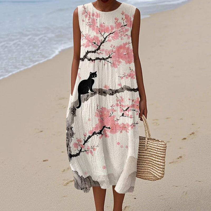 Cat Sakura Japanese Art Linen Tank Dress artswardrobe