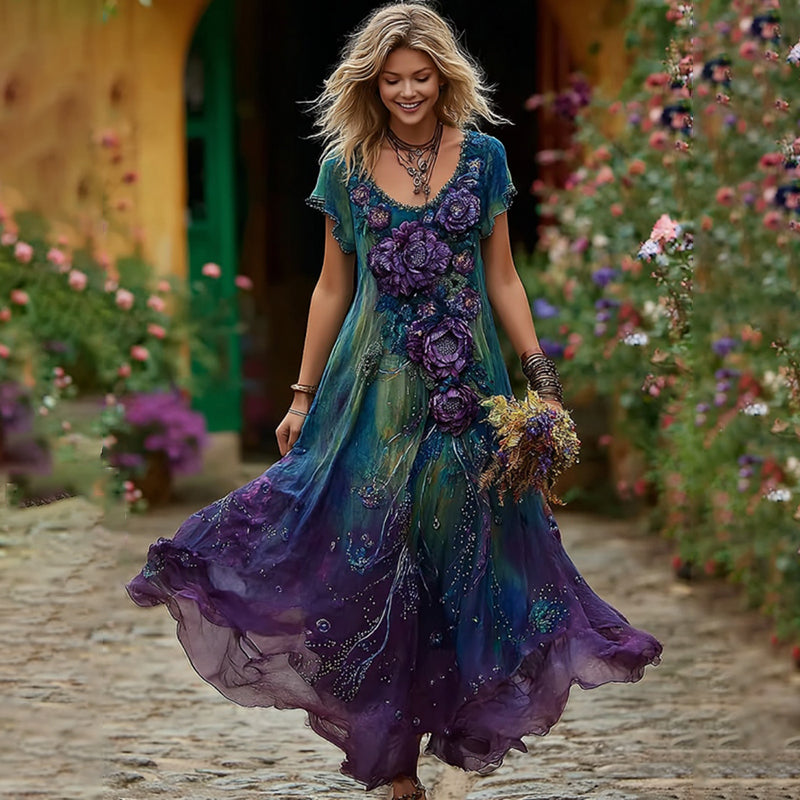 Women's Bohemian Floral Art Gradient Linen Blend Short Sleeve Midi Dress artswardrobe