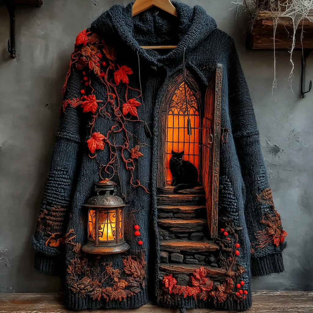 Comstylish Women's Halloween Little House Cat Art Knitted Button Sweater Cardigan