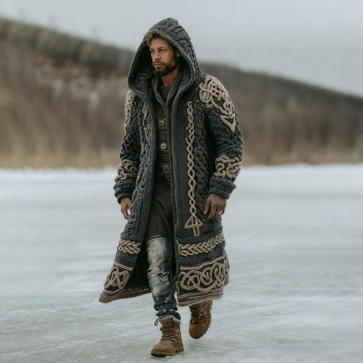 Men's Viking Celtic Knot Art Mid-length Chunky Knit Cardigan Sweater artswardrobe