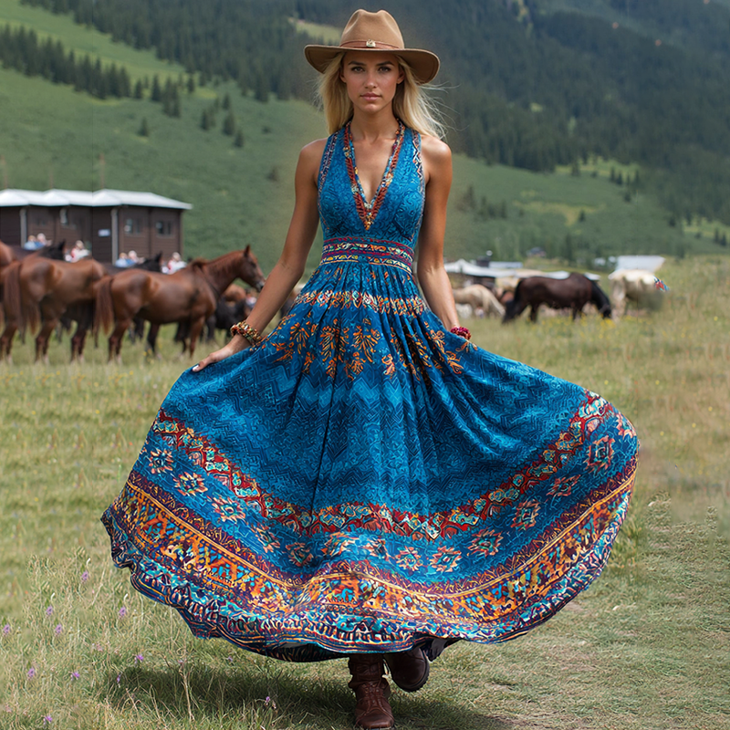 Women's Vintage Western Print V-neck Sleeveless Maxi Dress artswardrobe