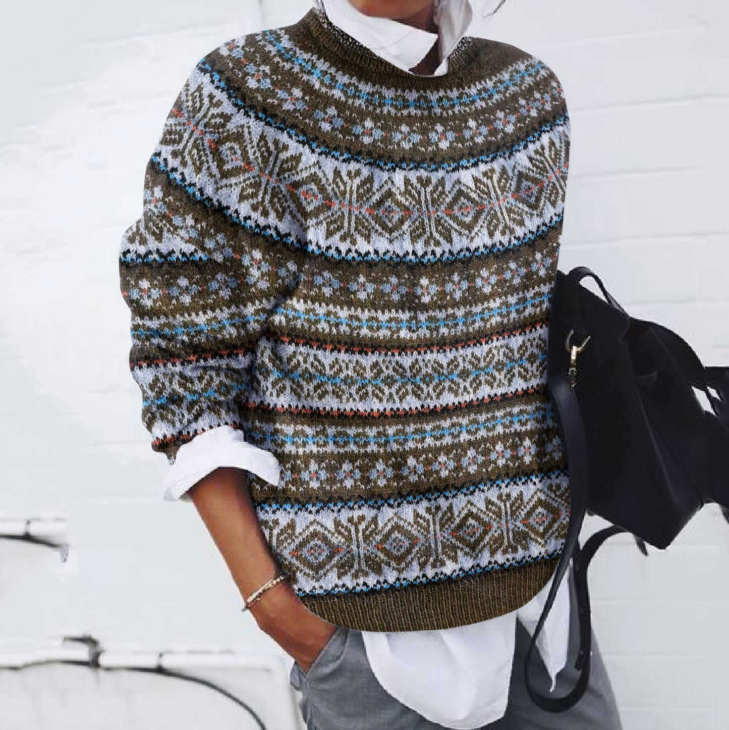 Vintage Fairman Island Snowflake Jacquard Contrast Pattern Sweater elevenforest