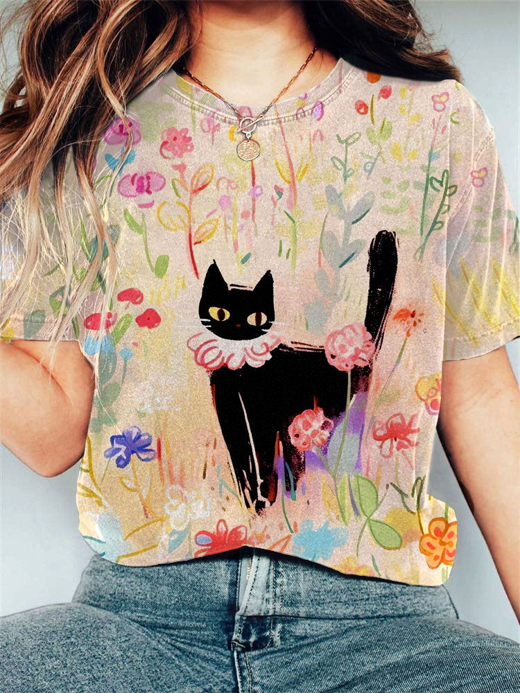 Women's Animal Forest Cat Graphic Print Comfortable T-shirt elevenforest