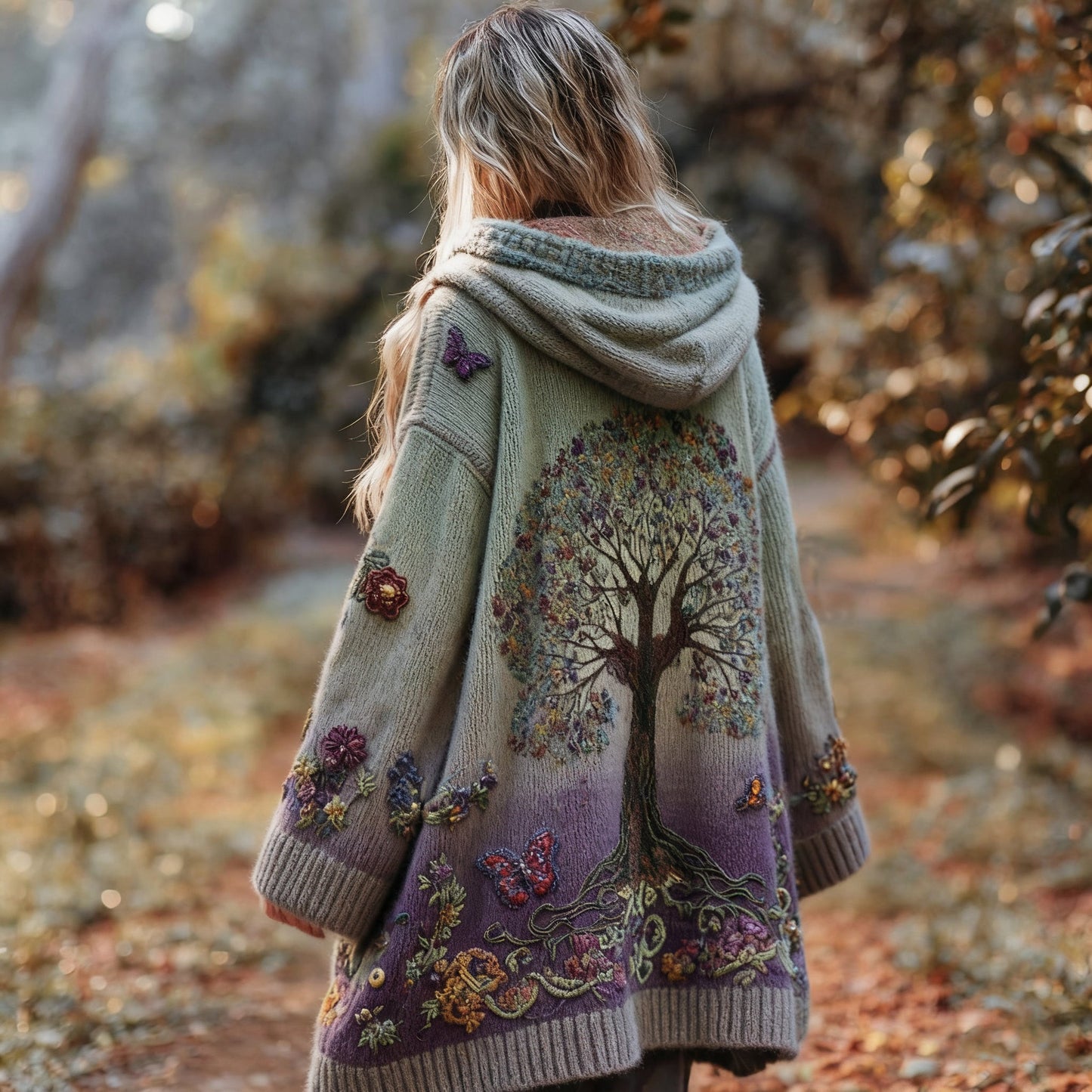 Comstylish Women's Tree Of Life Floral Gradient Cozy Pocket Hooded Cardigan