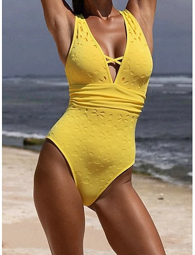 Swimwear One Piece Bikini Swimsuit Cut Out Vacation Beach Wear Color V Neck Sleeveless Bathing Suits