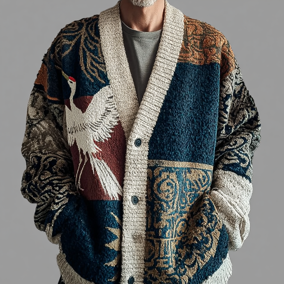 Japanese Art Style Crane And Geometric Color Block Plant Flower Pattern Men's Retro Cardigan Sweater Jacket elevenforest