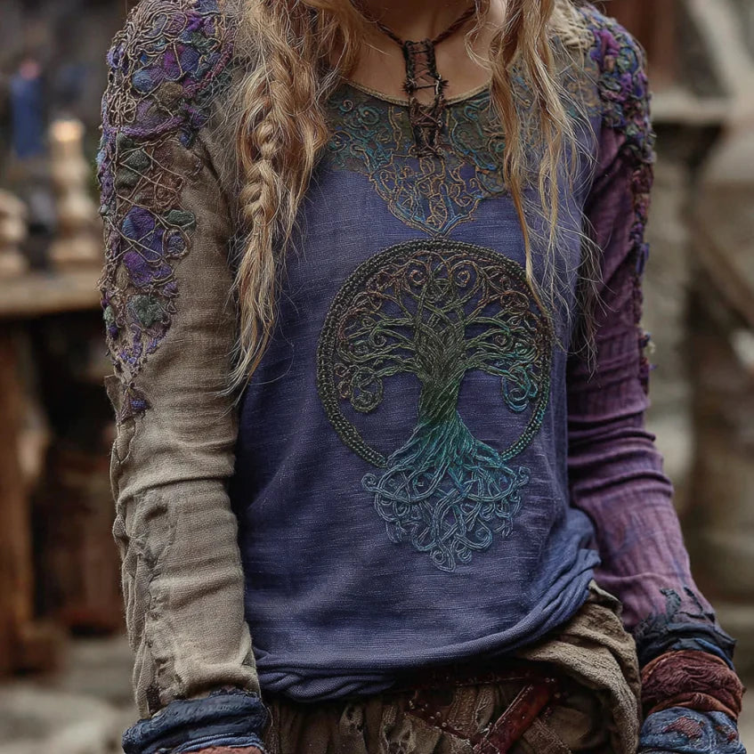Women's Vintage Gradient Viking Celtic Knot Embroidered Art Cozy Linen Shirt artswardrobe
