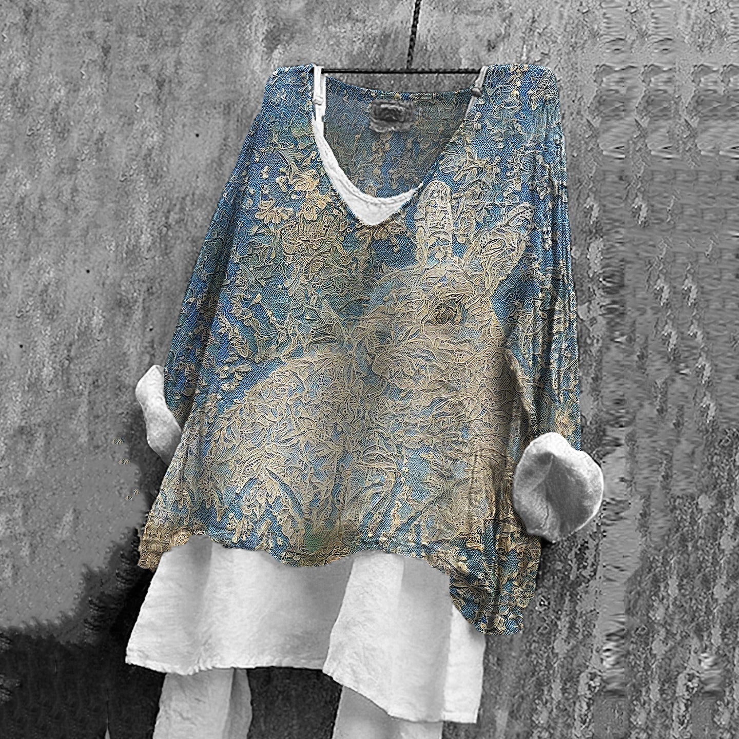 Vintage Fantasy Lace Bunny Art Pattern Linen Blend Tunic artswardrobe