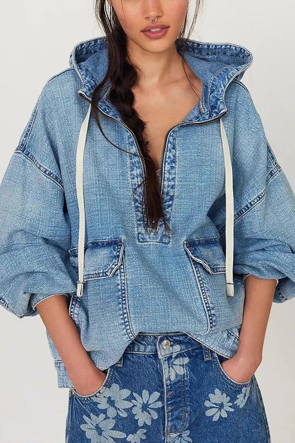 Fashionable loose casual washed denim long-sleeve hoodie for women