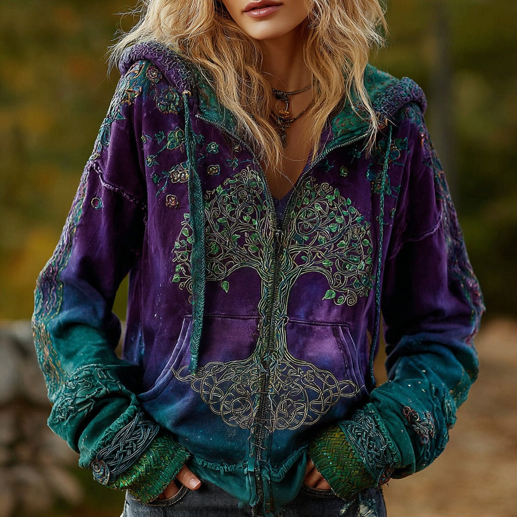 Comstylish Women's Vintage Viking Tree Of Life Cozy Warm Zip Hoodie Cardigan