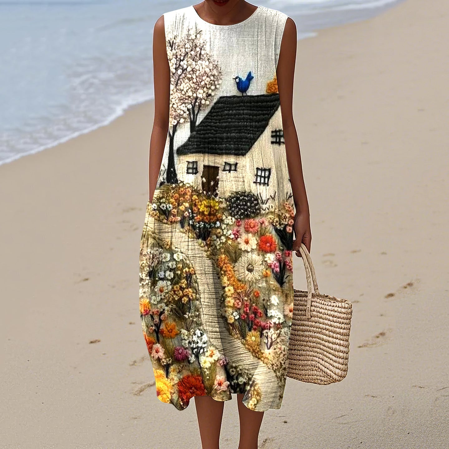 Vintage Loose Hometown Rural Farm Bird Art Sleeveless Cotton And Linen Tank Dress artswardrobe