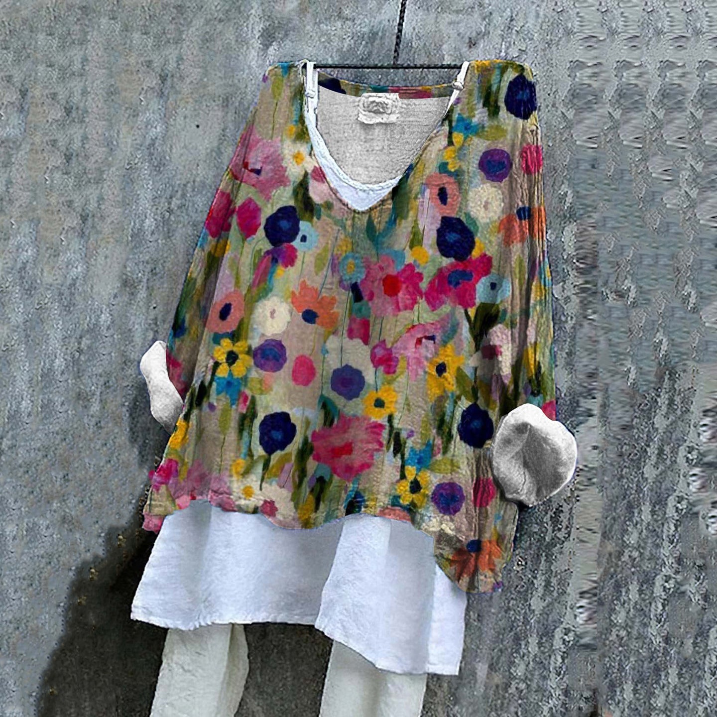 Women‘s Floral Art V Neck Linen Blend Shirt artswardrobe