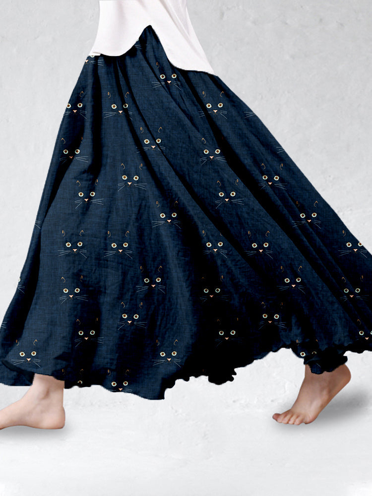 Cute Cat Face Pattern Linen Blend Flowy Wide Skirt elevenforest