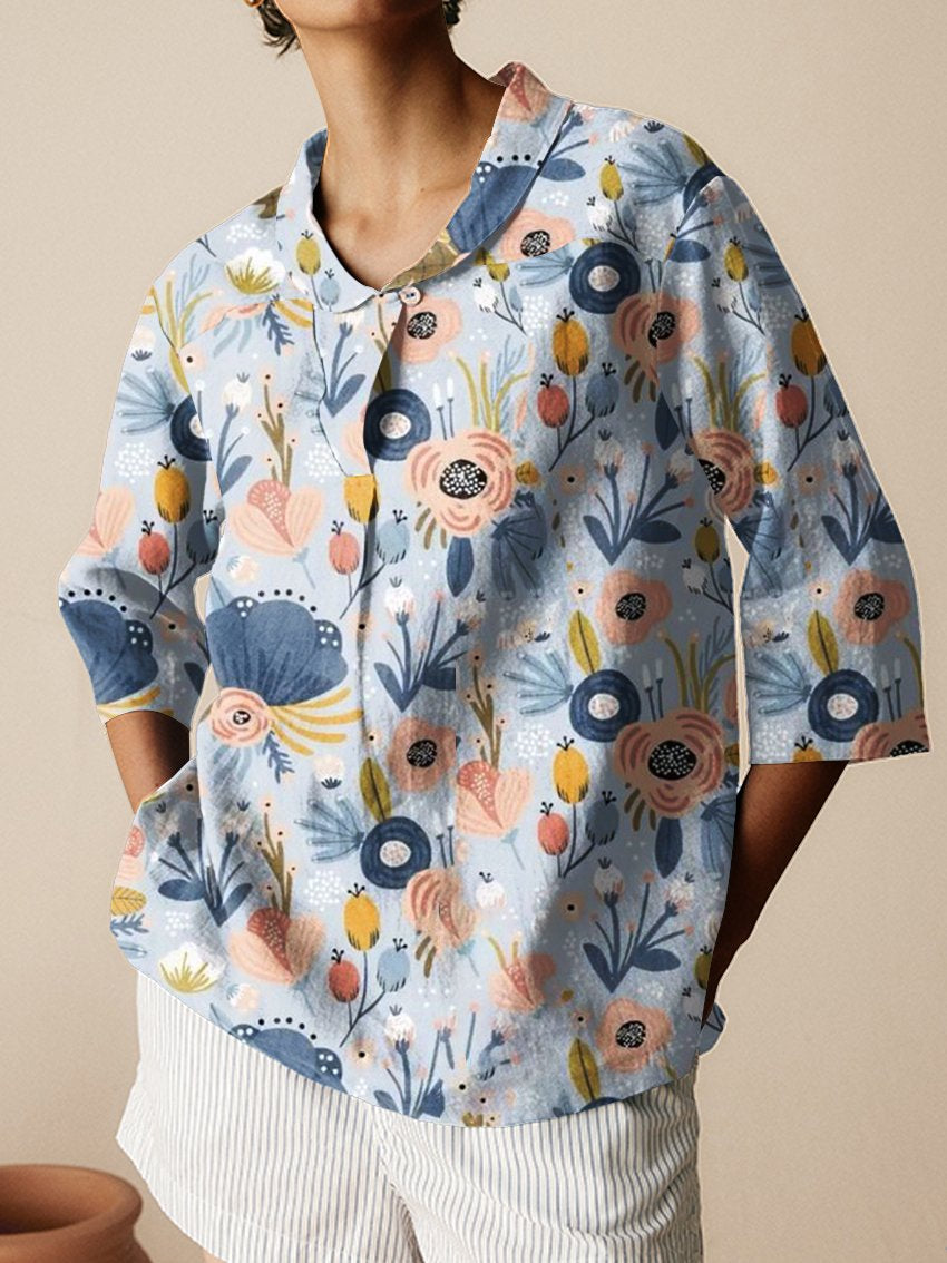 Women's Floral Art Print Casual Linen Cotton 3/4 Sleeve Shirt