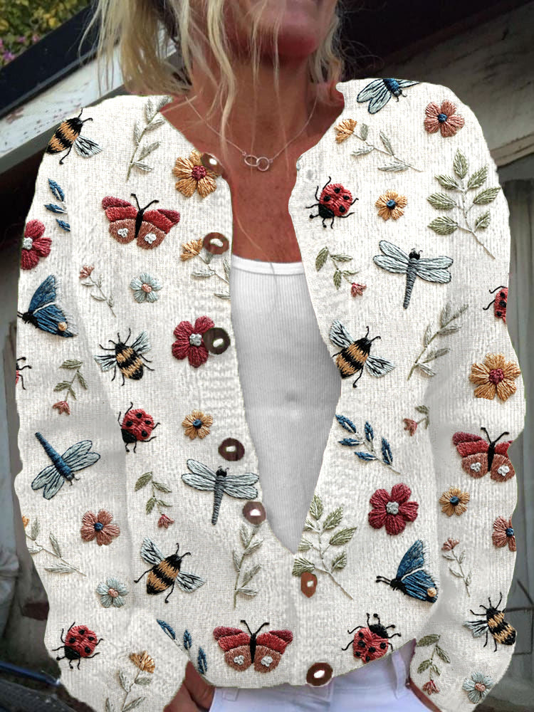 Insects Floral Embroidery Pattern Cozy Knit Cardigan artswardrobe