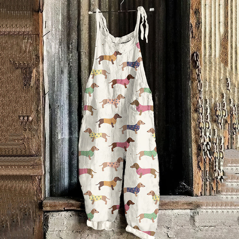 Comstylish Women's Vintage Dachshund Casual Linen Jumpsuit