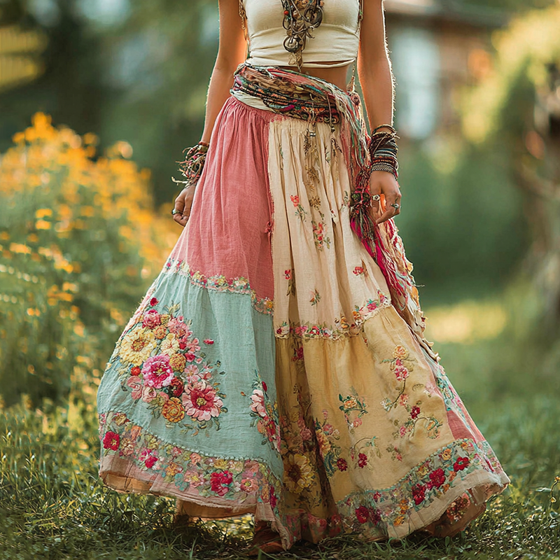 Women's Retro Bohemian Floral Stitching Casual Skirt artswardrobe