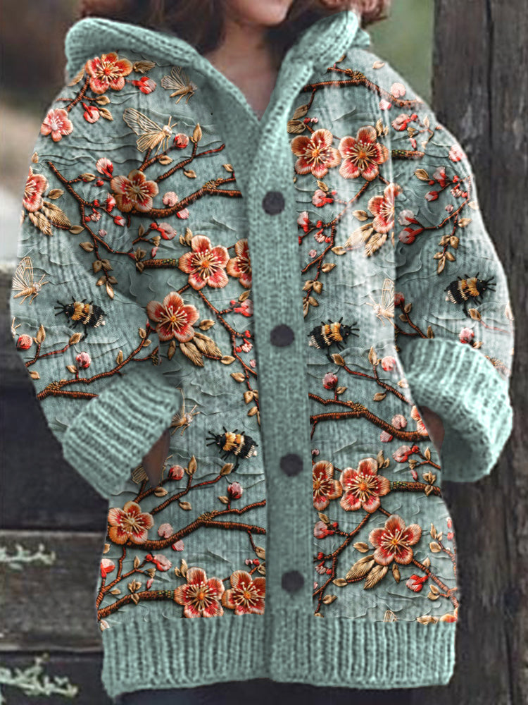 Bee Floral Embroidery Pattern Cozy Knit Hooded Cardigan artswardrobe