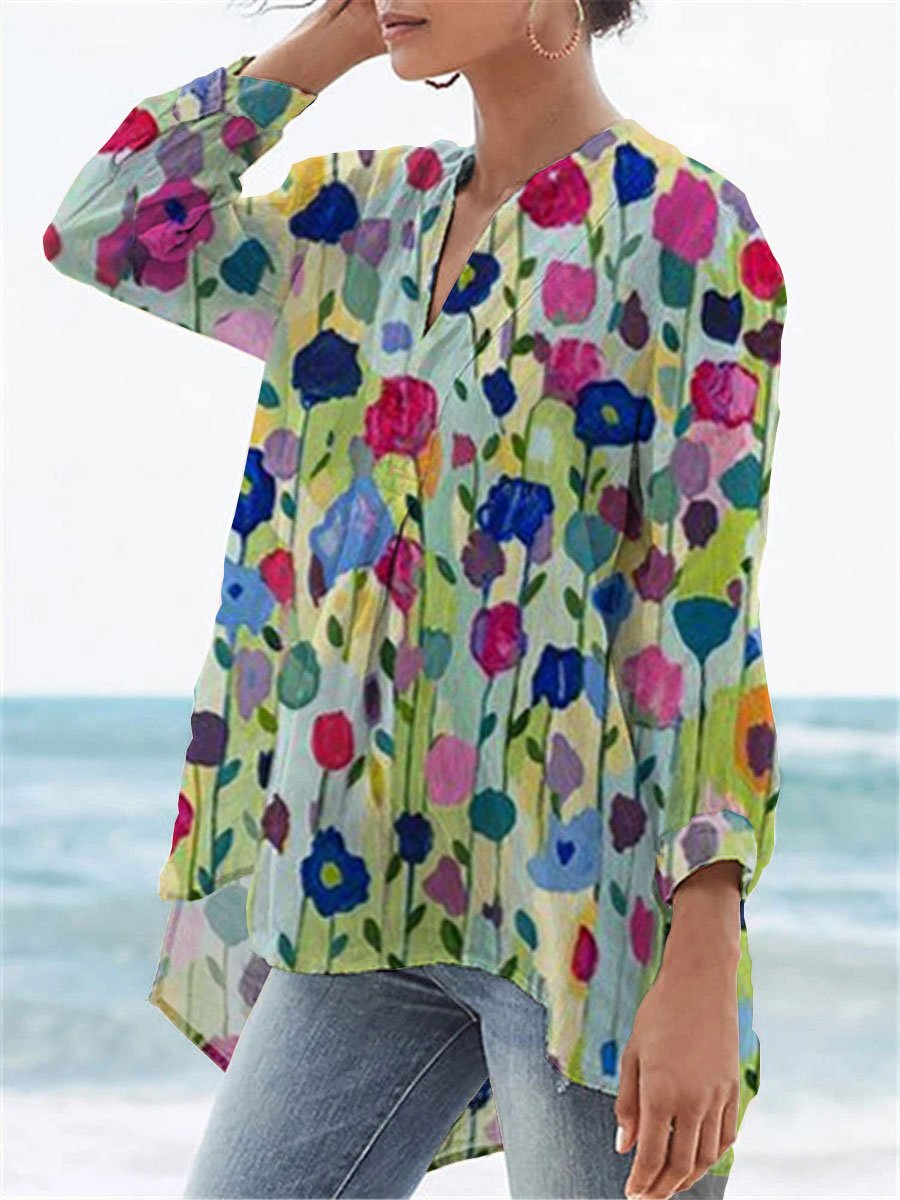 Women's Flower Print Casual Linen V-neck Shirt