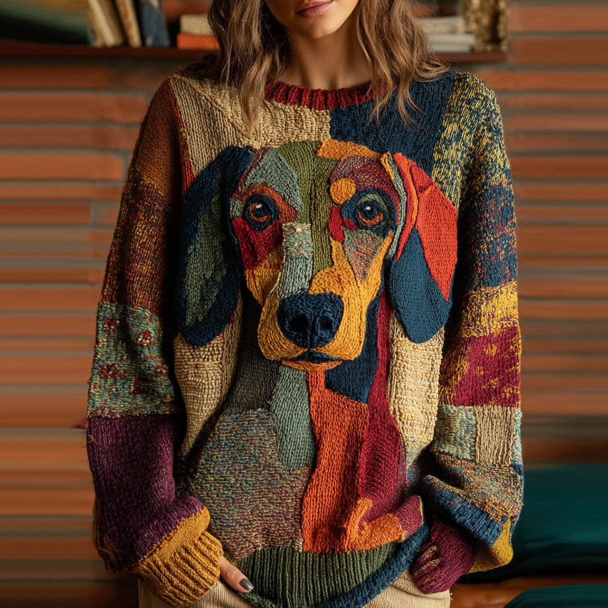 Vintage Classic Patchwork Dachshund Inspired Cozy Knit Sweater artswardrobe