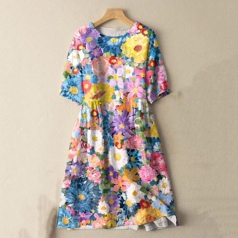 Comstylish Japanese Colorful Watercolor Spring Flowers Print Cotton Linen Blend Midi Dress