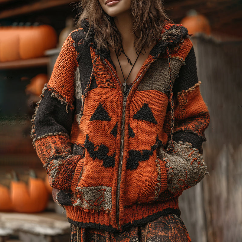 Patchwork Halloween Pumpkin Face Art Cozy Knit Hooded Cardigan artswardrobe
