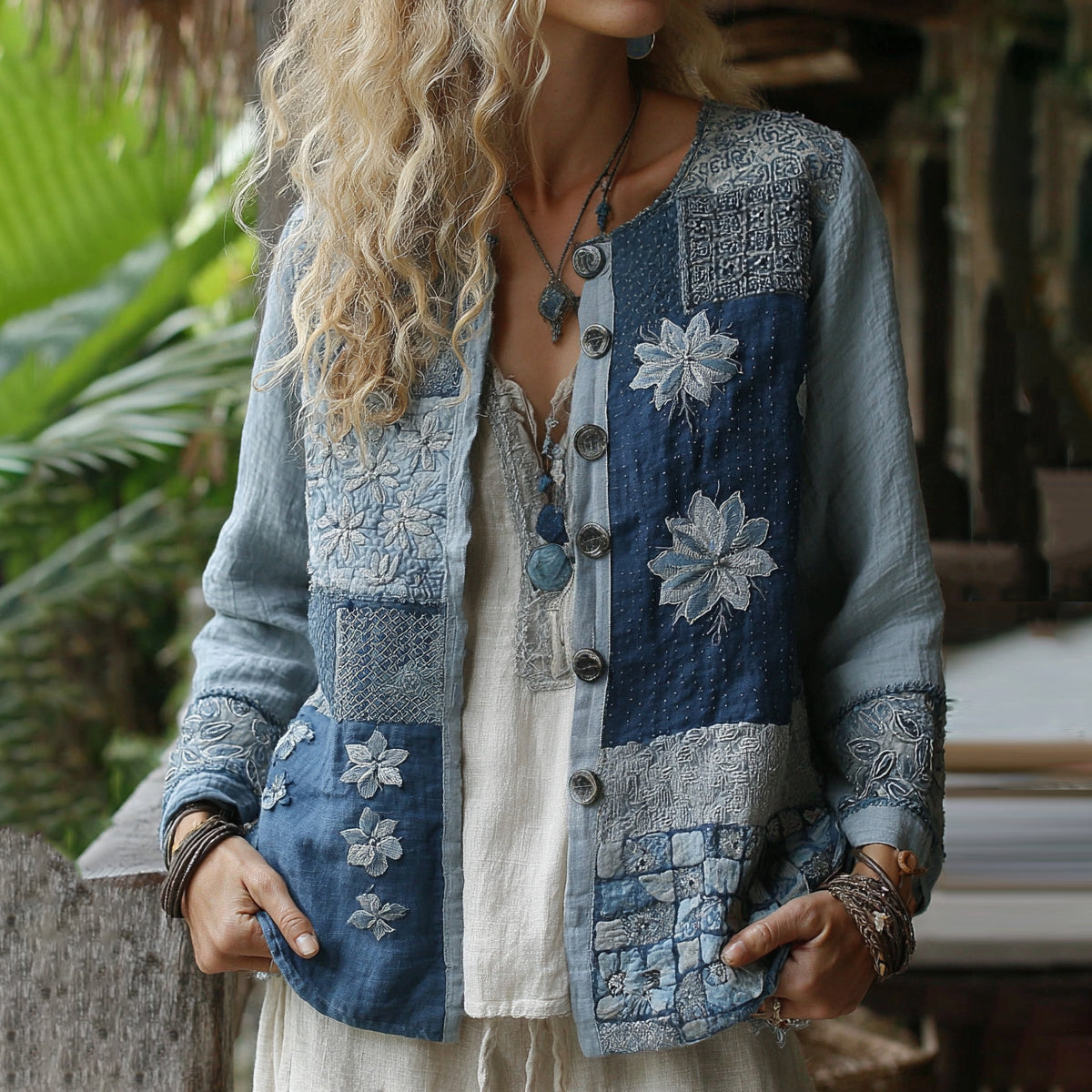 Vintage Bohemian Floral With Japanese Traditional Sashiko Art Embroidery Print Cotton And Linen Blend Blazer With Buttons