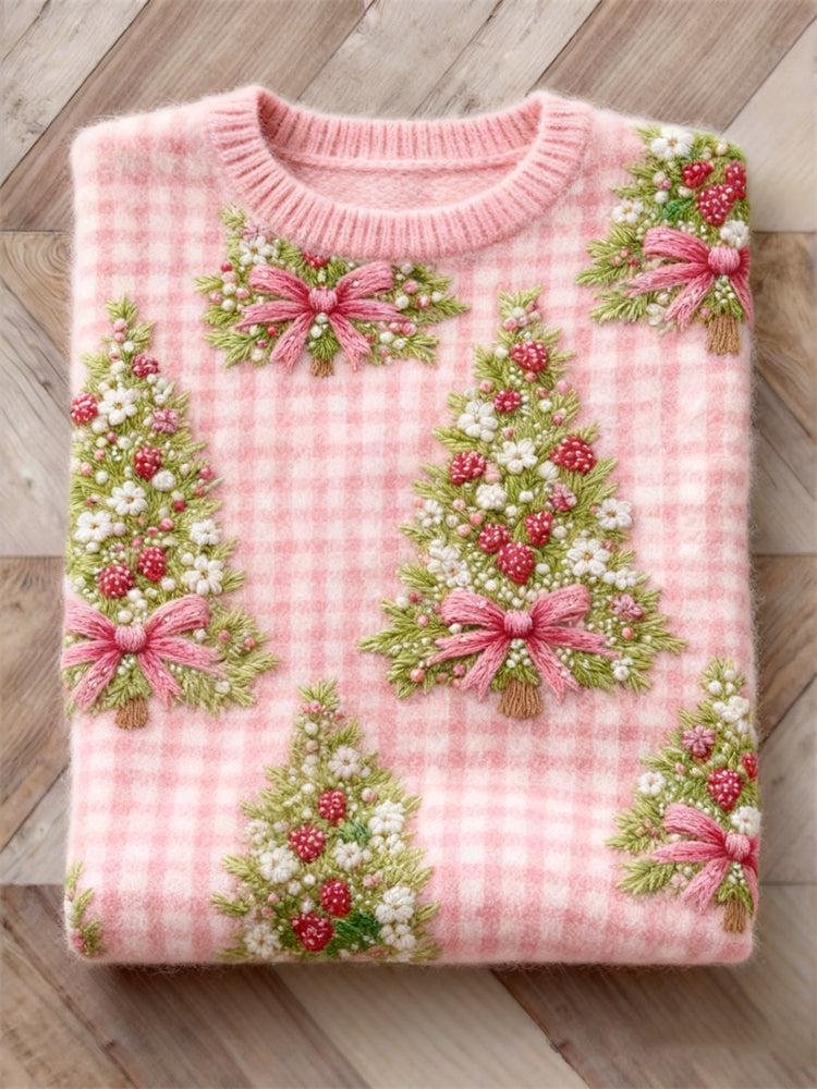 Comstylish Cottage Berry Floral Christmas Tree Check Cozy Sweater