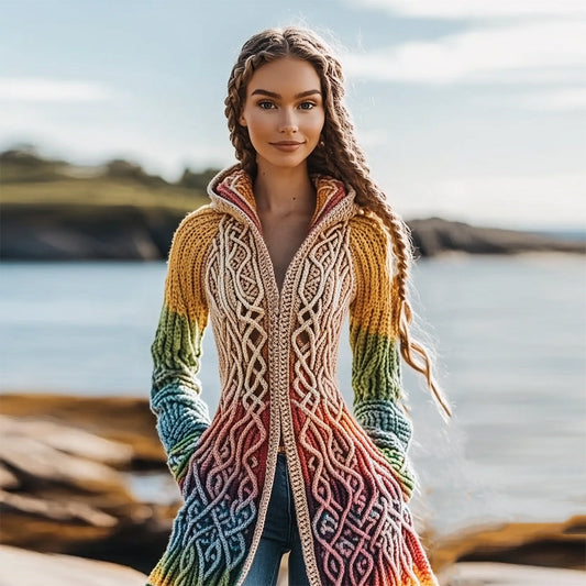Vintage Celtic Rainbow Gradient Thick Hooded Cardigan Sweater artswardrobe