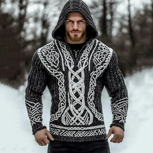 Men's Viking Tribal Jacquard Inspired Celtic Hooded Sweater artswardrobe
