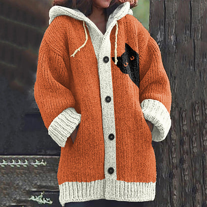 Vintage Peek-A-Boo Hiding Black Cat Pattern Women's Hooded Sweater Cardigan elevenforest