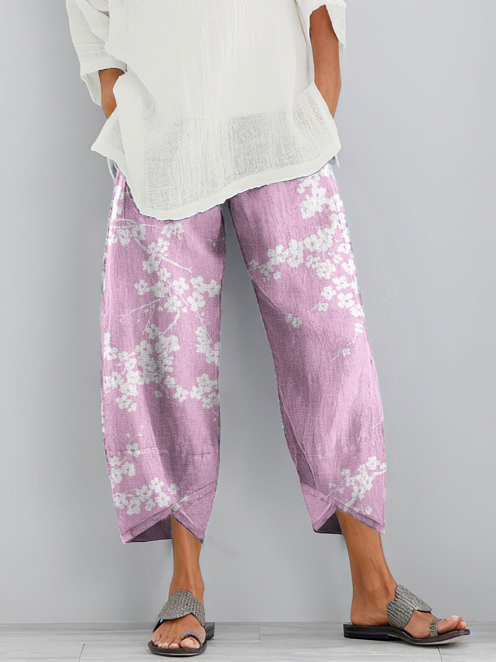 Comstylish Cherry Blossom Print Loose Casual Pants