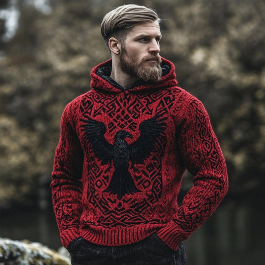 Men's Viking Raven Inspired Jacquard Retro Hooded Sweater artswardrobe