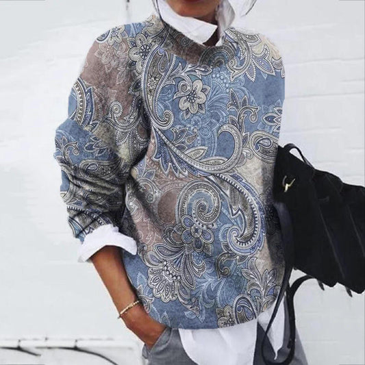 Cashew Flower Petal Print Crew Neck Vintage Sweatshirt elevenforest