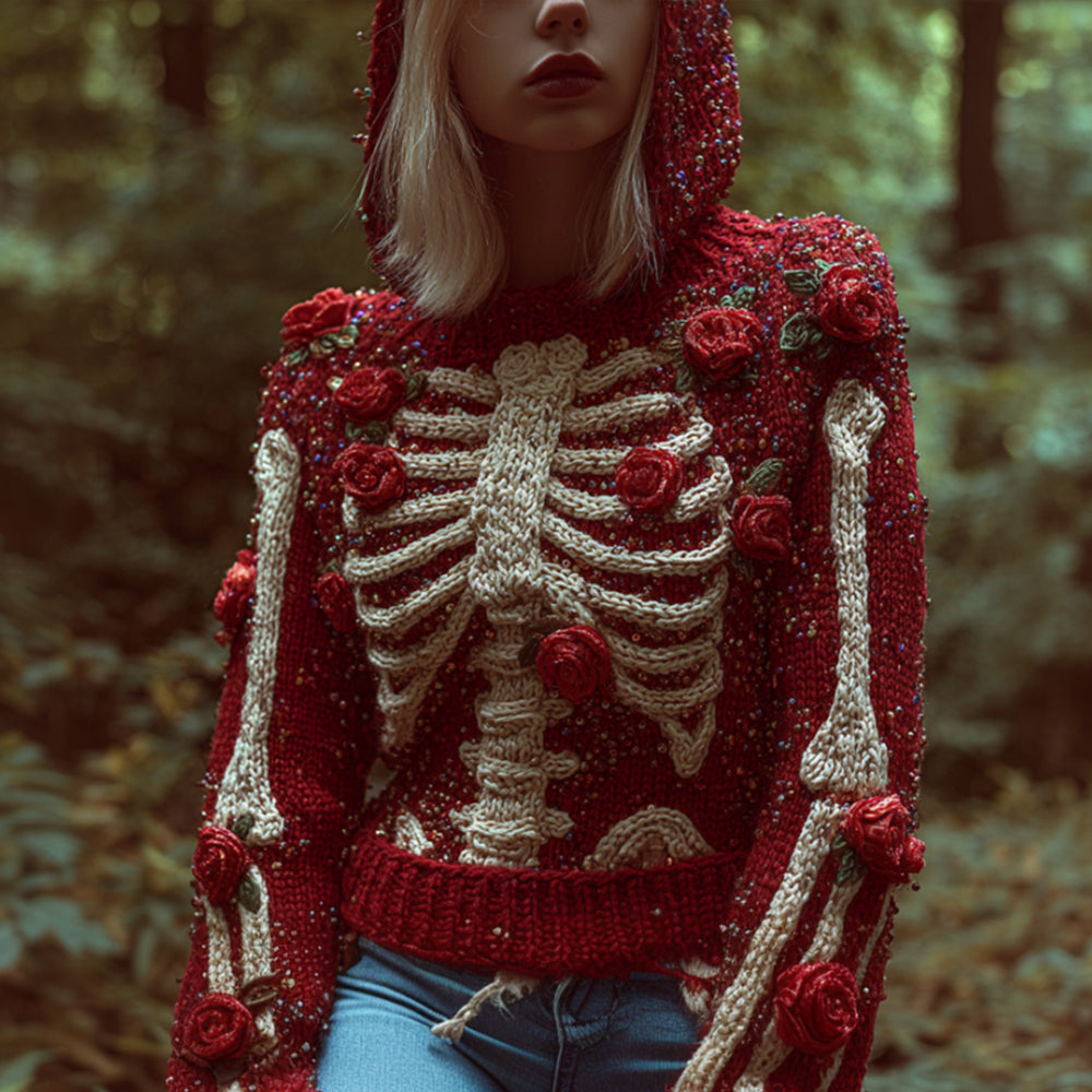 Comstylish Halloween Elegant Skull And Bloody Rose Hooded Sweater