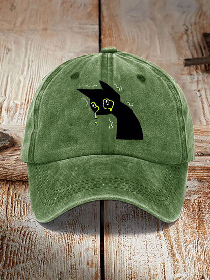 Japanese Art Black Cat Print Washed Hat elevenforest