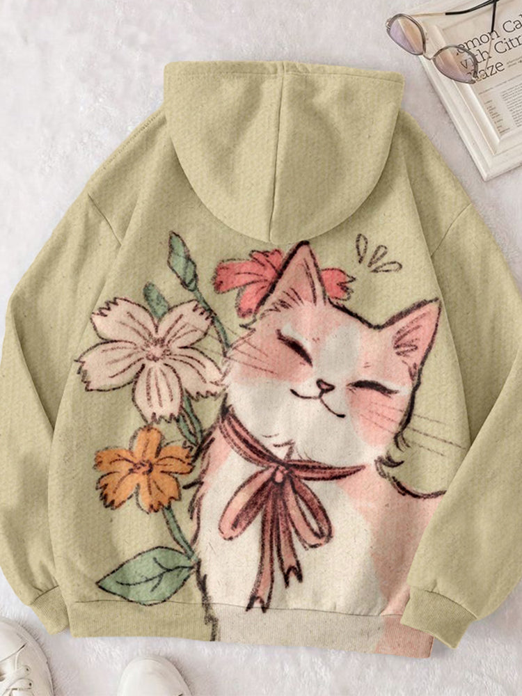 Lovely Cat & Flower Art Print Comfy Hoodie elevenforest
